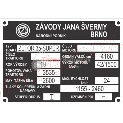Výrobný štítok - Zetor 35 super - Zetor 35 super